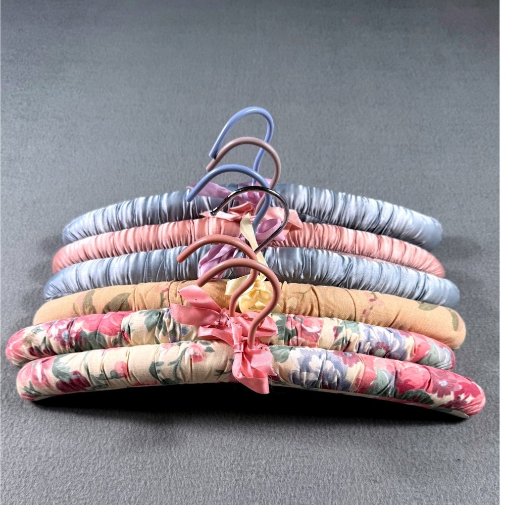 Vintage Padded Satin Floral Clothes Hangers Set of 6 Cottagecore Shabby Chic